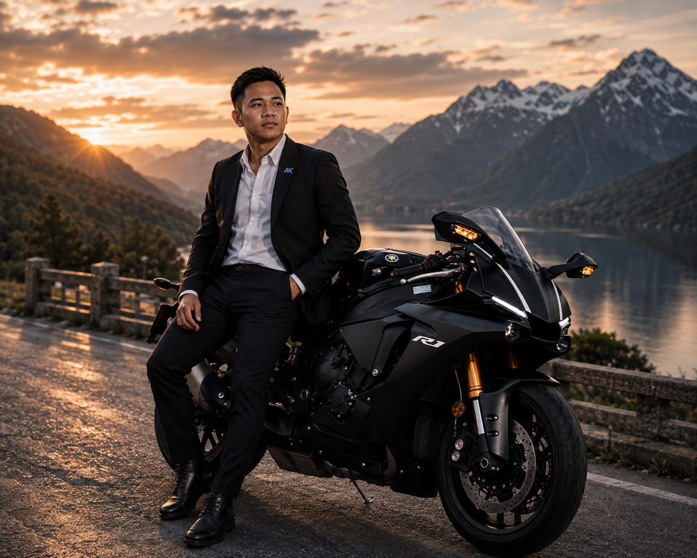 Agung Kusuma on motorcycle at golden hour